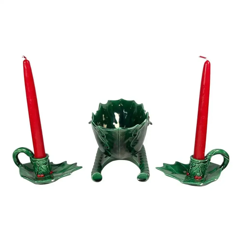 Vintage Lefton Green Holly Berry Ceramic Sleigh Candy Dish and Candle Holder Set